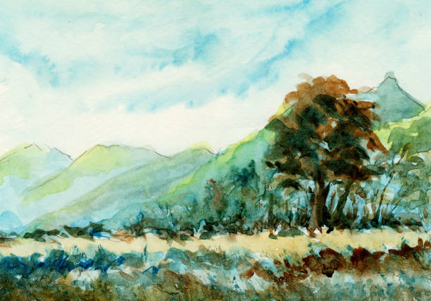 istock watercolor painting of road side tree with mountains background 1161561337
