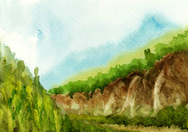 istock watercolor paintings of green trees and mountains 1161561350