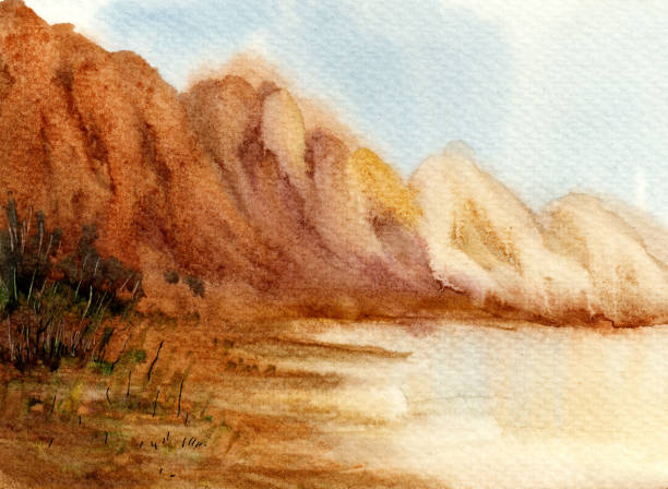 istock watercolor painting of mud mountains near pond 1161561446