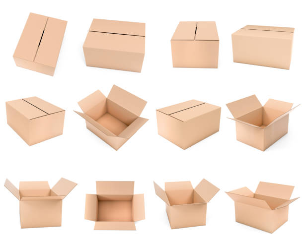 caixa de transporte mock up. caixas marrons ajustadas. ilustração da rendição 3d isolada - single object cardboard paper box - fotografias e filmes do acervo