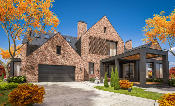istock 3d rendering of modern clinker house on the ponds with pool in autumn 1161567160