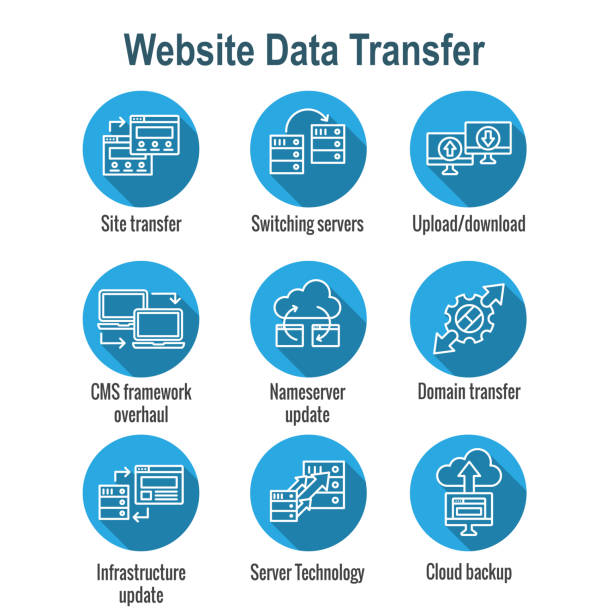 노트북, 화살표, 전송 이미지로 설정된 웹 사이트 데이터 전송 아이콘 - paas stock illustrations