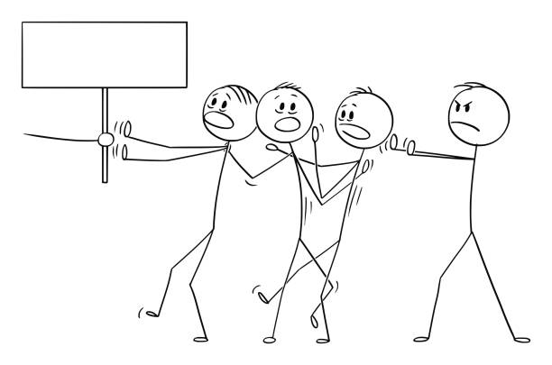 Vector Cartoon of Man or Businessman Forcing the Rest of the Team to Do Something or Go Somewhere Vector cartoon stick figure drawing conceptual illustration of man or businessman or manager forcing rest of the team to do something or go somewhere. Hand with empty sign. self sacrifice stock illustrations