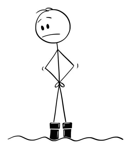 Vector illustration of Vector Cartoon of Man Standing in Water Flood and Watching with Concern How the Water Continue to Rise