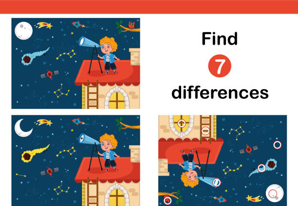 Find 7 differences education game for children. Find 7 differences education game for children. Science loving kid observes space.(Vector illustration) clip art of a meteoroids stock illustrations