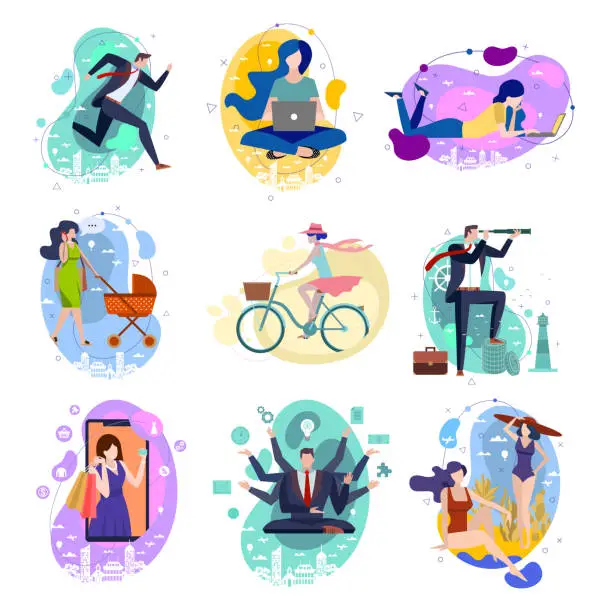 Vector illustration of Set of nine drawings of people doing activities in a concept illustration in flat style