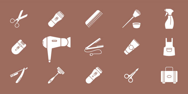 illustrazioni stock, clip art, cartoni animati e icone di tendenza di icone parrucchiere 02 - manicure make up brush razor beauty