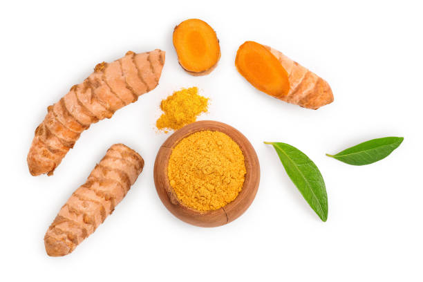 istock Turmeric powder and turmeric root isolated on white background. Top view. Flat lay 1161579967