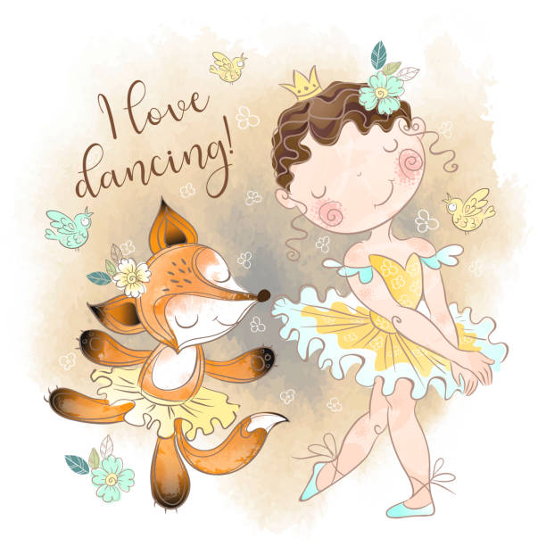 ilustrações, clipart, desenhos animados e ícones de dança pequena da bailarina com uma bailarina da raposa. adoro dançar. inscrição. vetor - fairy cartoon baby girls little girls
