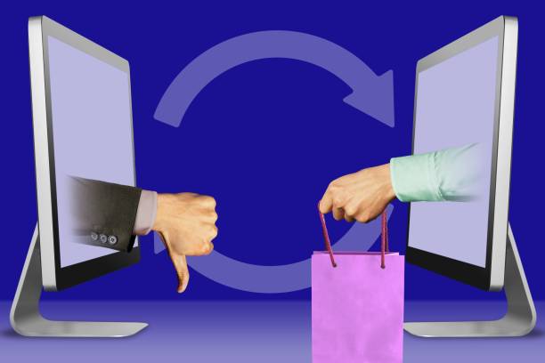 istock e-commerce concept, two hands from displays. thumbs down, dislike and hand with shopping bag. 3d illustration 1161580522
