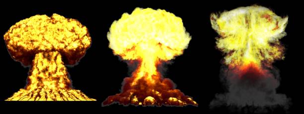 istock 3D illustration of explosion - 3 big very high detailed different phases mushroom cloud explosion of super bomb with smoke and fire isolated on black 1161582075