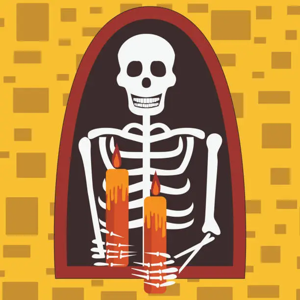Vector illustration of Halloween Card with Skeleton Holding Candles