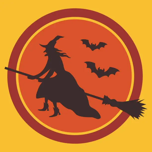 Vector illustration of Witch on Broom and Bats Silhouettes against Moon