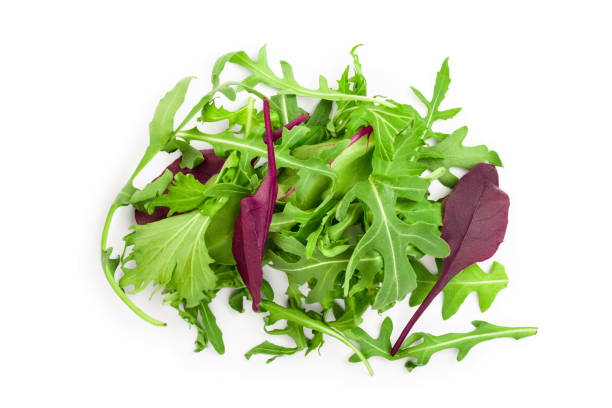 istock Mix of different salads isolated on white background. Top view. Flat lay 1161582565