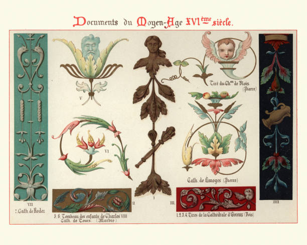 design-elemente, dekorationen, blumen, grüner mann, engel 16. jahrhundert stil - 16th century style stock-grafiken, -clipart, -cartoons und -symbole