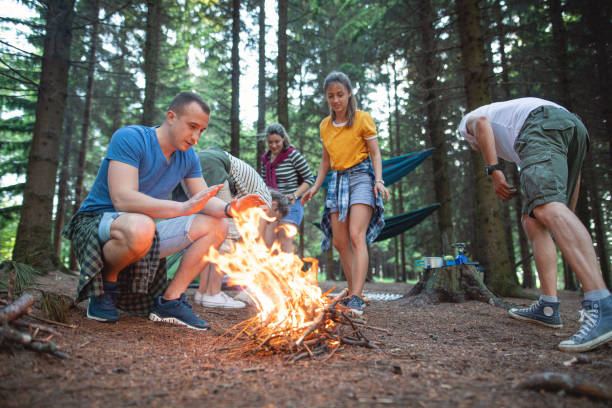 istock Group of campers lighting a campfire before dark 1161585606