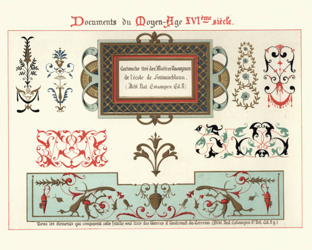 design-elemente und dekorationen, blumend muster, formen, stil des 16. jahrhunderts - 16th century style stock-grafiken, -clipart, -cartoons und -symbole