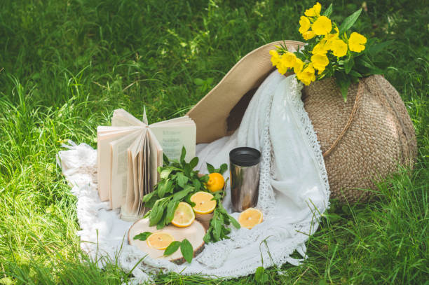istock Straw bag, book, hat, lemonade and fresh lemons a sunny summer day 1161586709