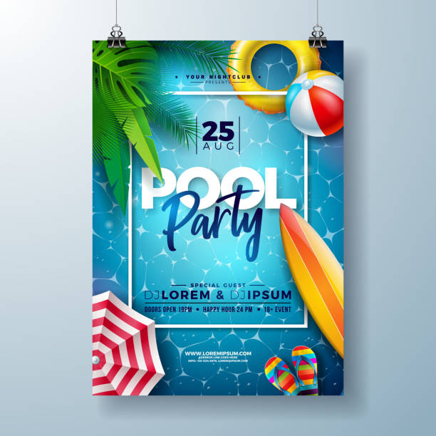 Summer pool party poster design template with palm leaves, water, beach ball and float on blue ocean landscape background. Vector holiday illustration for banner, flyer, invitation, poster. Summer pool party poster design template with palm leaves, water, beach ball and float on blue ocean landscape background. Vector holiday illustration for banner, flyer, invitation, poster summer party stock illustrations