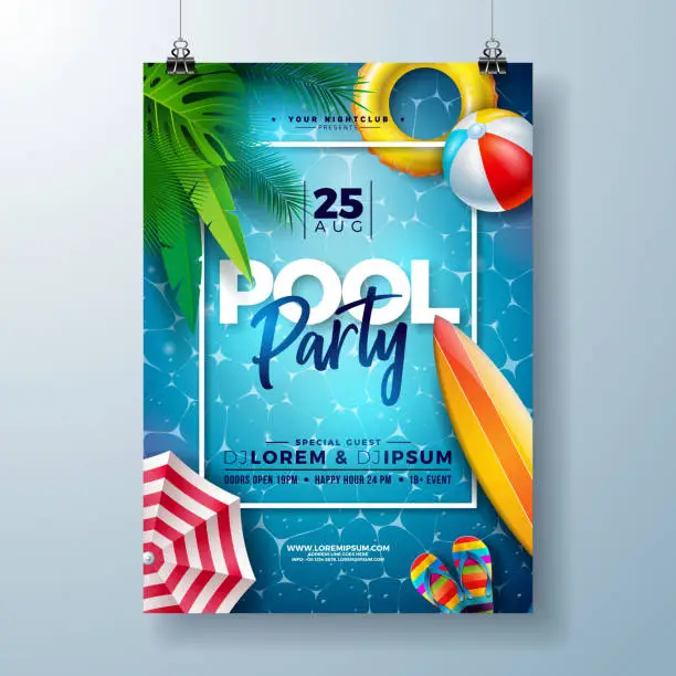 Vector illustration of Summer pool party poster design template with palm leaves, water, beach ball and float on blue ocean landscape background. Vector holiday illustration for banner, flyer, invitation, poster.