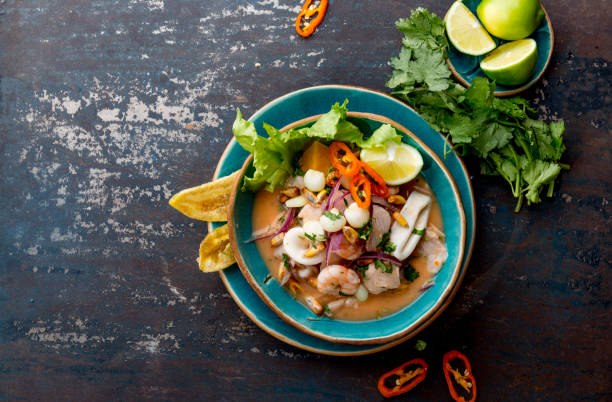 istock PERUVIAN CEVICHE SEBICHE. Peruvian seafood and fish sebiche with maize 1161588089