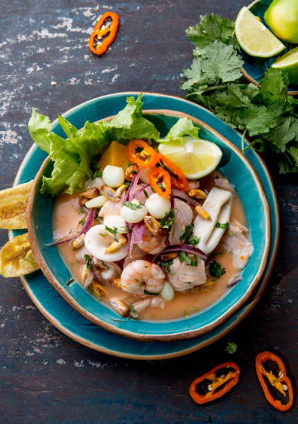 istock PERUVIAN CEVICHE SEBICHE. Peruvian seafood and fish sebiche with maize 1161588090