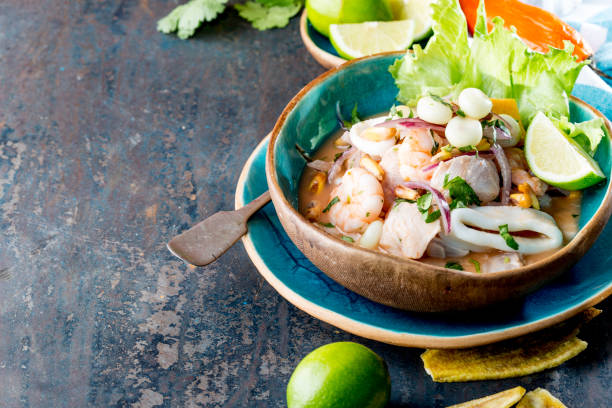istock PERUVIAN CEVICHE SEBICHE. Peruvian seafood and fish sebiche with maize 1161588091