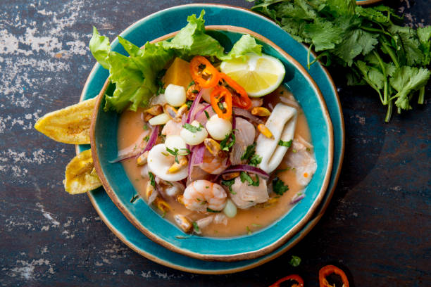 istock PERUVIAN CEVICHE SEBICHE. Peruvian seafood and fish sebiche with maize 1161588097