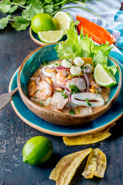 istock PERUVIAN CEVICHE SEBICHE. Peruvian seafood and fish sebiche with maize 1161588098