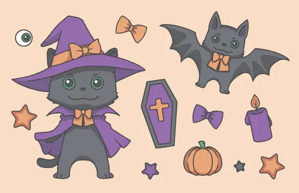 Vector illustration of Cute cartoon Halloween art collection set for small children with drawings of black cat wearing witch hat, bat, pumpkin, coffin, eyeball and candle