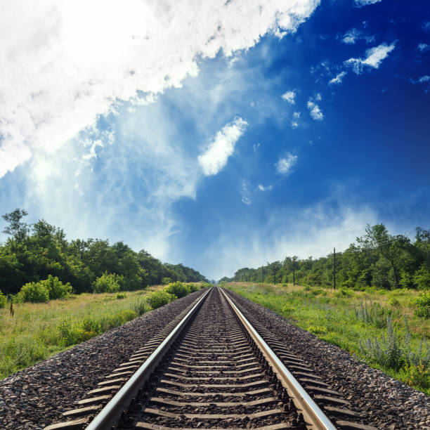 railroad in green landscape to horizon in blue cloudy sky - beautiful tree day rock imagens e fotografias de stock