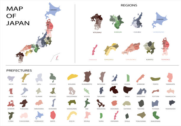 ilustrações, clipart, desenhos animados e ícones de vetor gráfico do mapa de japão-regiões isoladas separadas e províncias do prefecture - honshu