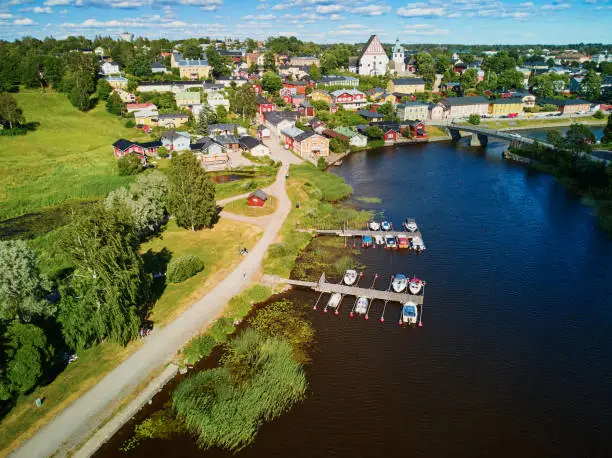 Scenic aerial view of historical town of Porvoo in Finland