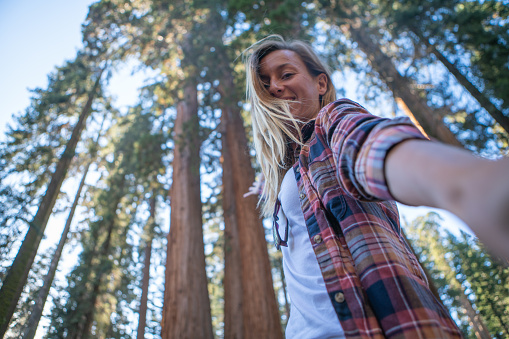 Young woman taking selfie under giant sequoia tree