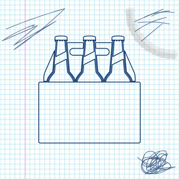 Vector illustration of Pack of beer bottles line sketch icon isolated on white background. Case crate beer box sign. Vector Illustration