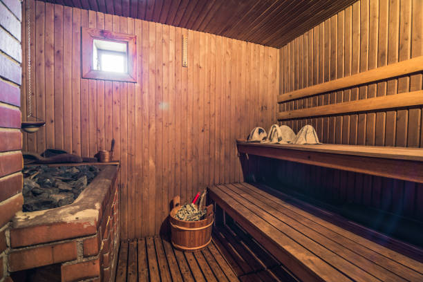 Wooden, authentic traditional Finnish sauna.