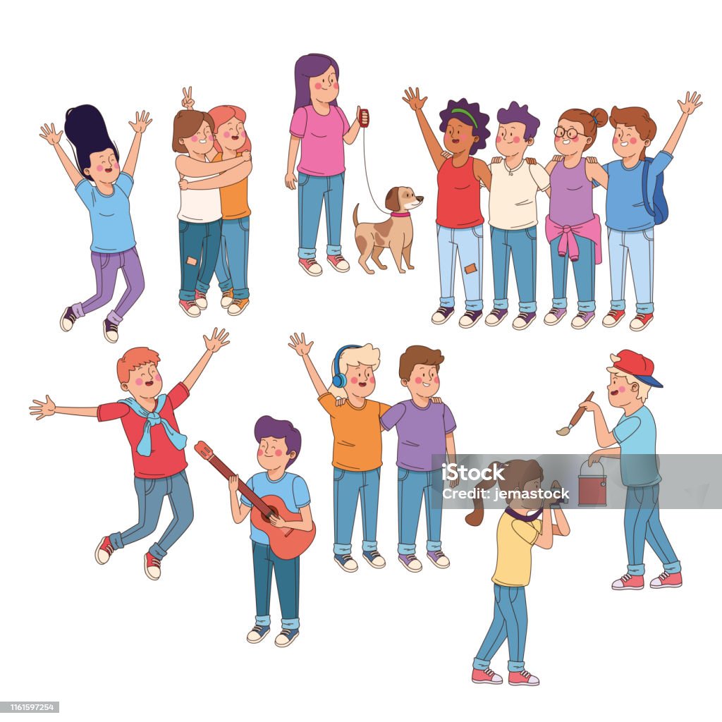 Thanh Thiếu Niên Bạn Bè Có Phim Hoạt Hình Vui Vẻ Hình minh họa Sẵn ...