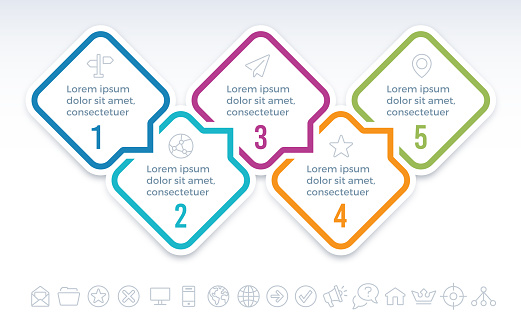 Five step speech bubble diamond infographic symbols.