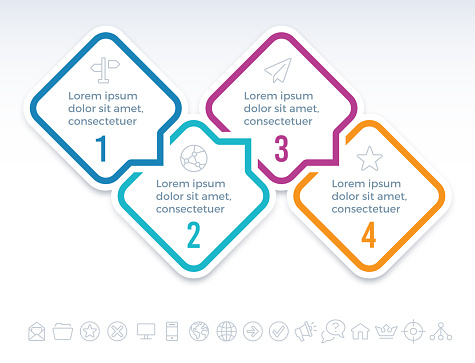 Four step speech bubble diamond infographic symbols.