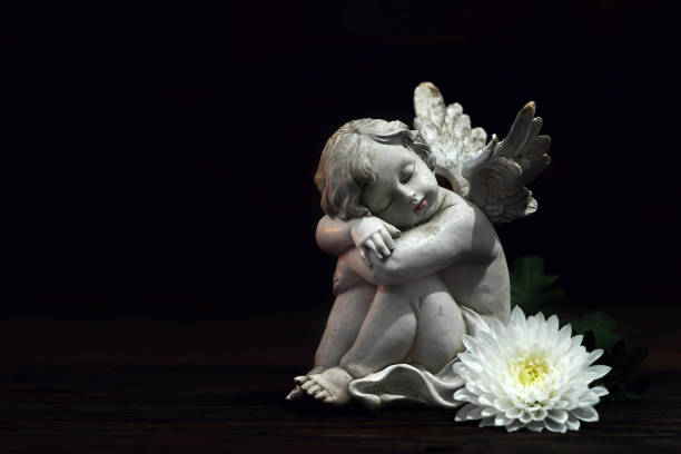 istock Angel and white flower on dark background 1161599073
