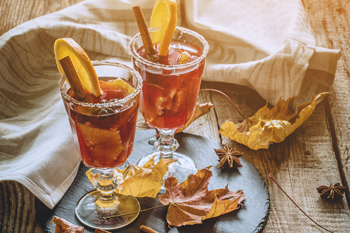 Autumn cocktail - Mulled wine with juicy orange and spices