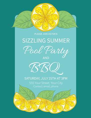Summer Party Invitation Template With Lemons And Leaves