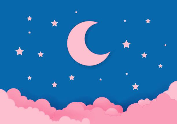pink moon and stars in midnight .paper art style pink moon and stars in midnight .paper art style moon clipart stock illustrations