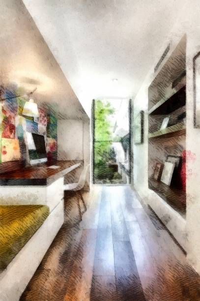 istock interior decoration Model Home office rooms working environments have computers for Online Business watercolor painting wallpaper background 1161605356