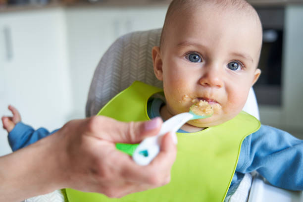 retrato de niño sonriente en casa en la silla alta siendo alimentado con alimentos sólidos por la madre con cuchara - babies and children close up horizontal looking at camera fotografías e imágenes de stock