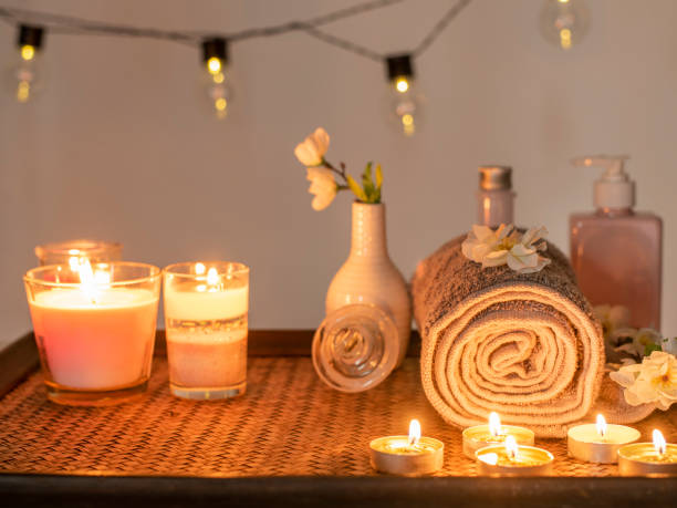 istock Beauty spa treatment with candles, Massage background 1161608076