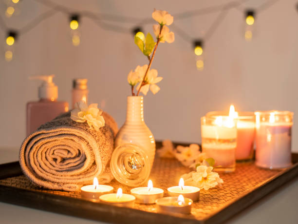 istock Beauty spa treatment with candles, Massage background 1161608080