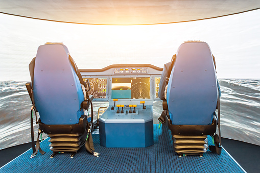 Simulator control of the ship, marine vessel.. View of the cockpit captain's chair