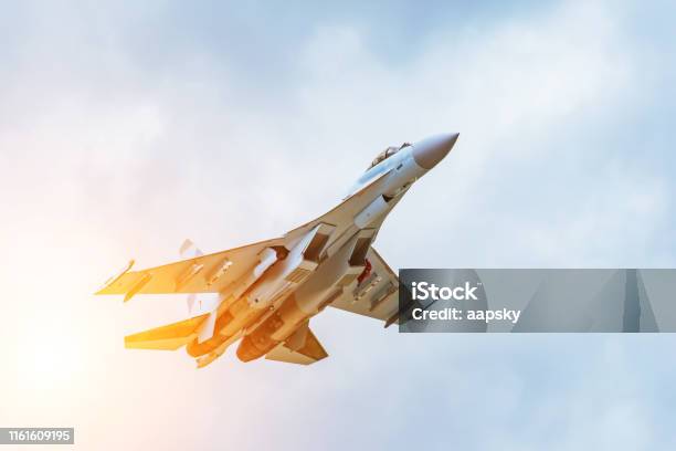 Rapidly Taking Off Combat Fighter In The Air Stock Photo - Download Image Now - Airplane, Fighter Plane, Military