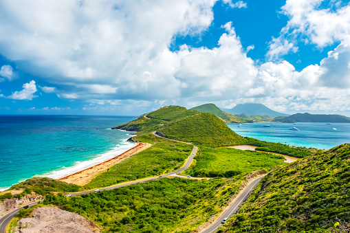 A Panoramic view, Saint Kitts with Nevis Island in the background.